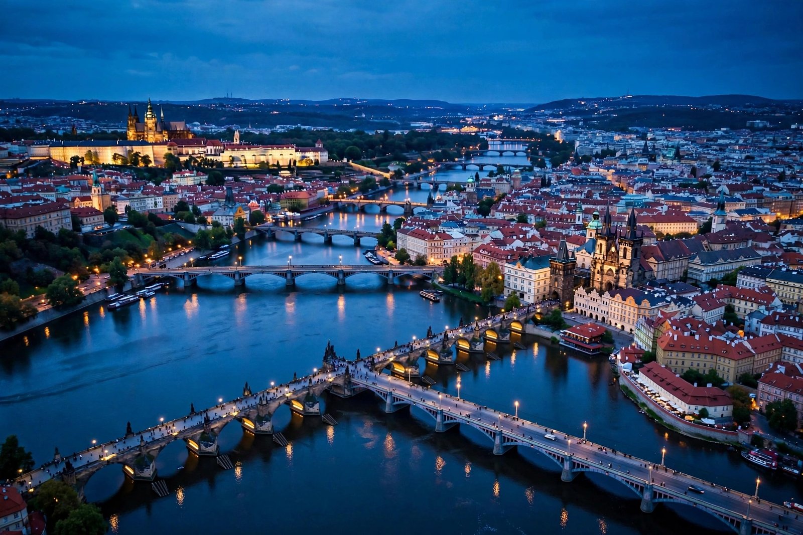 Prague city and bridges at blue hour